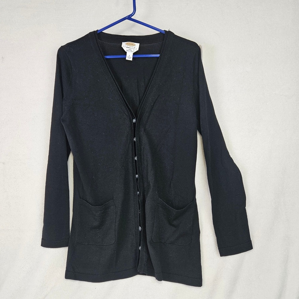 Talbots Petites Black 100% Merino Wool V-Neck Button Front Cardigan Sweater L